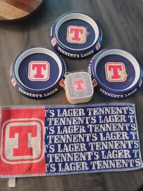 Tennent's Lager Bar Lot - Lancashire Cotton Towel, Coasters, 3 Ashtrays Vintage